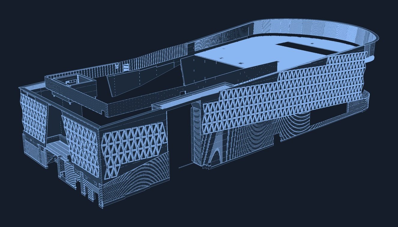 3D line view of our Revit model of Newport Leisure and Wellbeing Centre, showing the curved façade, the triangular aluminium panels and the terracotta cladding