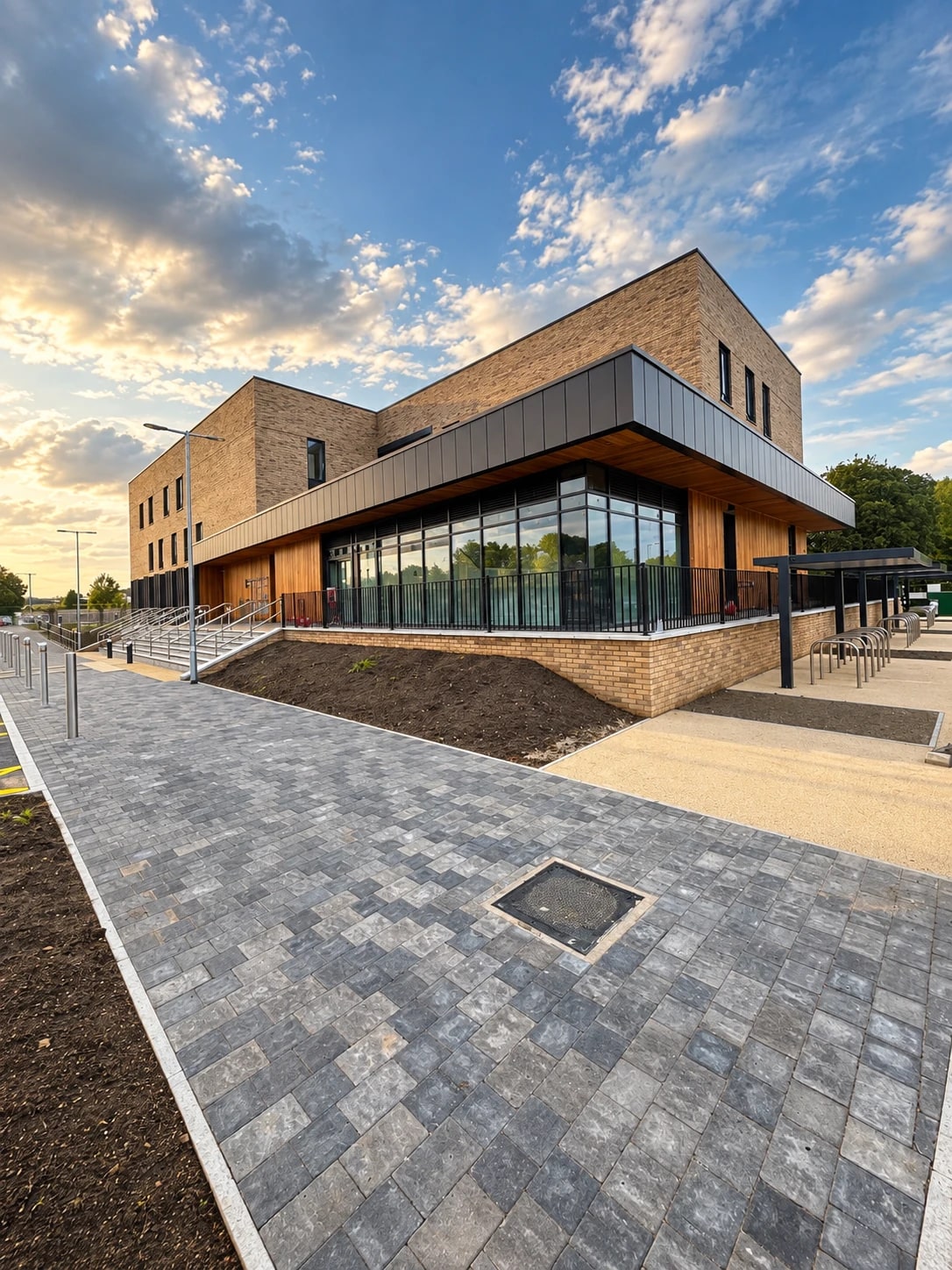 Dark metal fascia and timber soffit over the glazed ground floor, at sunset